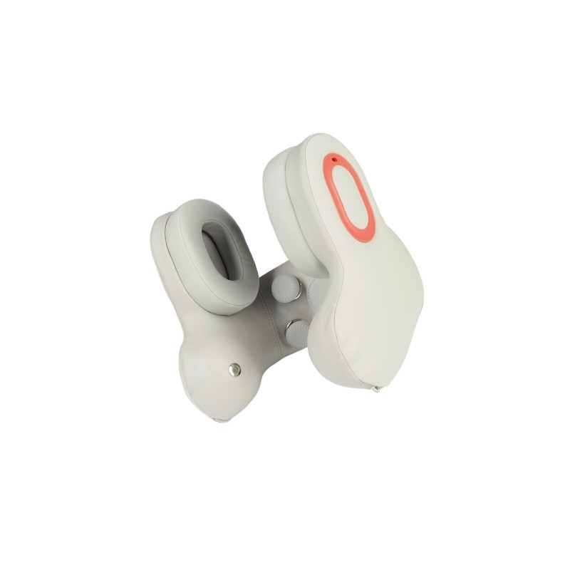Beyaz arka planda iki dolgulu düğme ve turuncu oval kontrol düğmesine sahip açık gri ergonomik boyun masaj aleti.