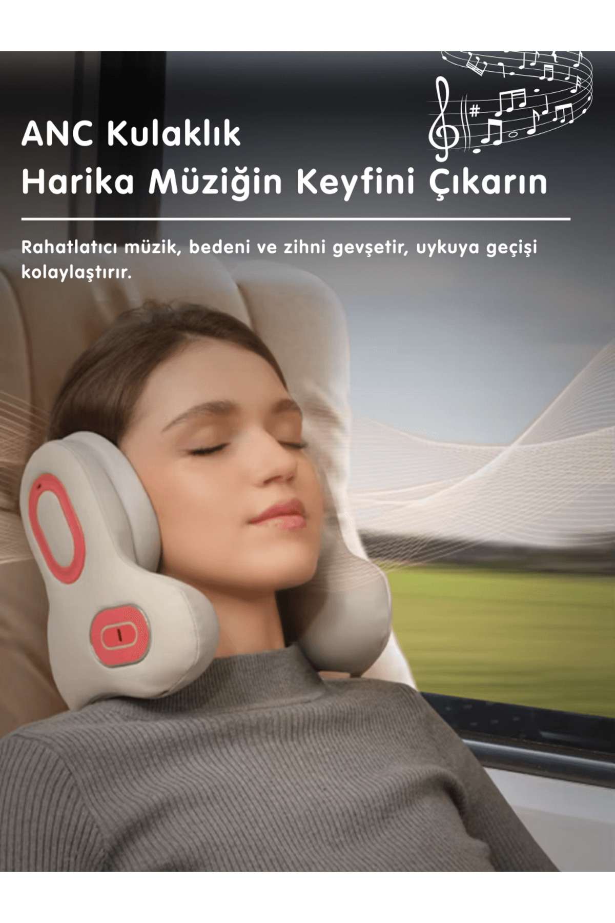 ANC kulaklık takmış bir kadın cam kenarında dinleniyor.