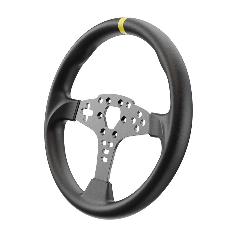 Volant de sport noir avec centre en métal argenté et repère jaune sur fond blanc.