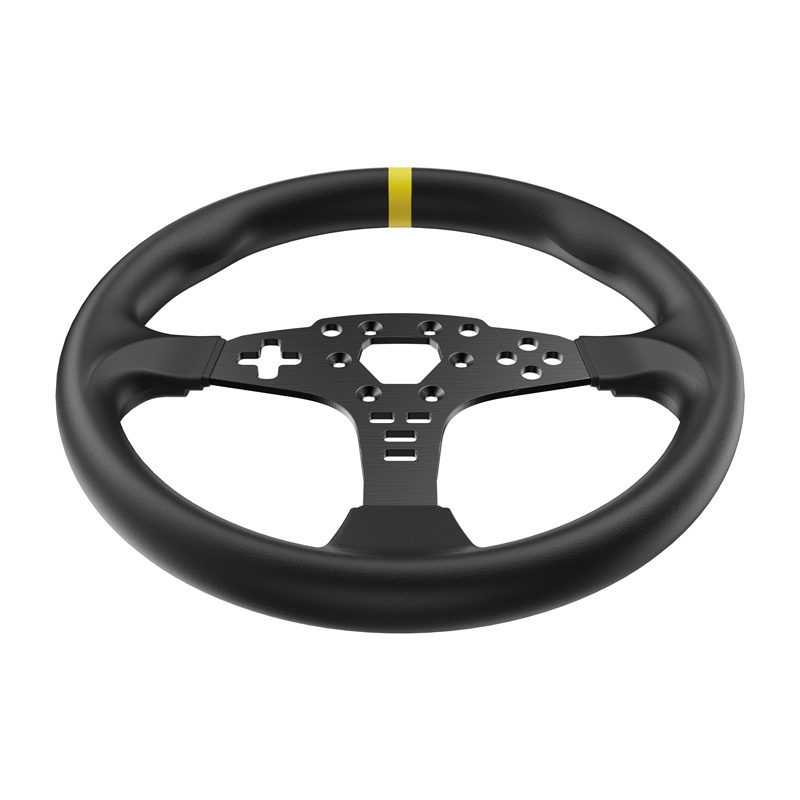 Un volant de sim-racing noir avec un repère supérieur jaune et un centre en métal noir.