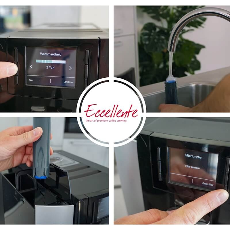 Four images show the steps for setting the water filter of a coffee machine.