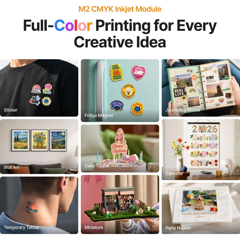 Un annuncio per il modulo a getto d'inchiostro M2 CMYK mostra varie stampe colorate come adesivi e quadri.