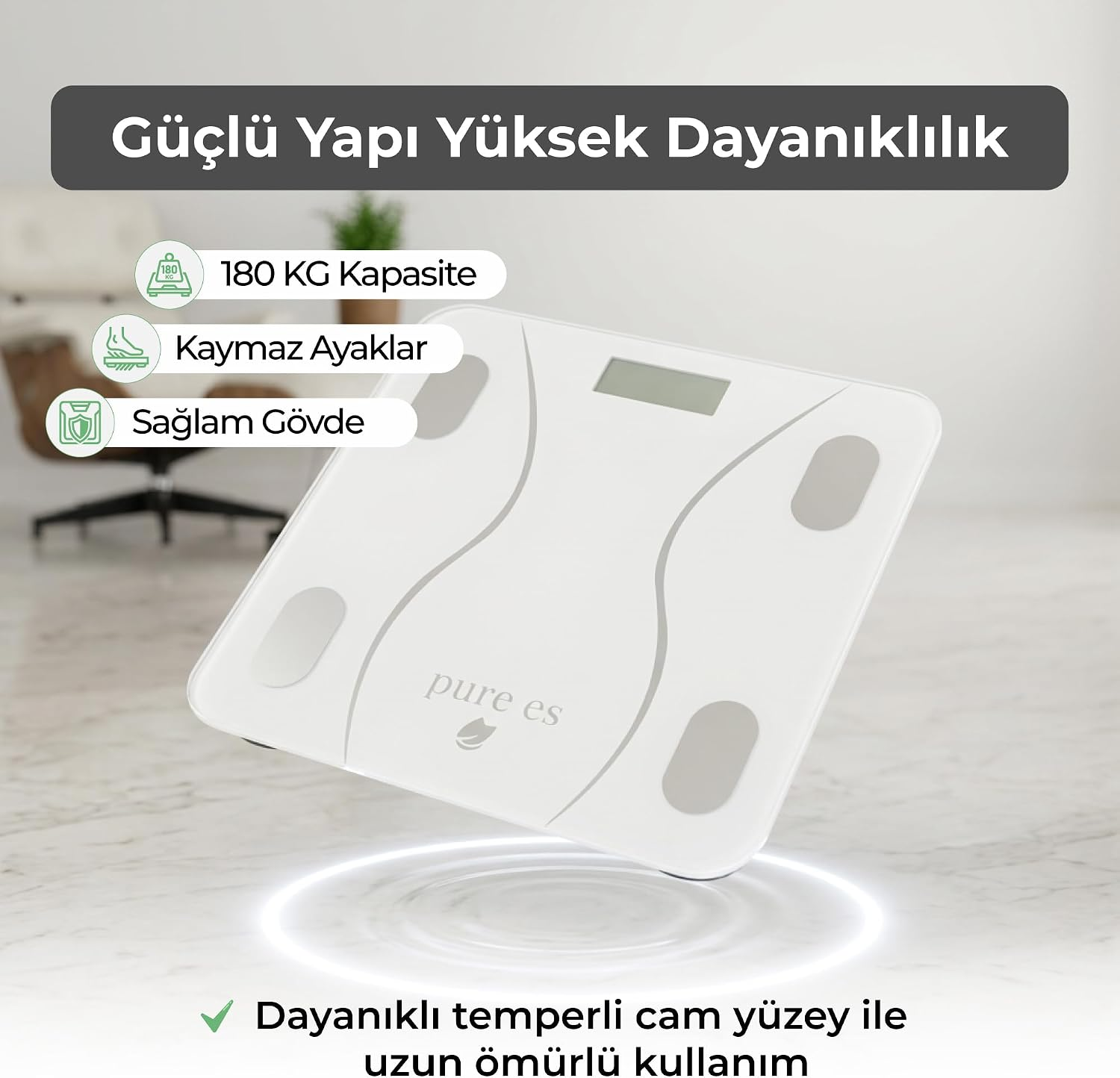 Etrafında ürün metinleri ve simgeler bulunan beyaz dijital tartı.