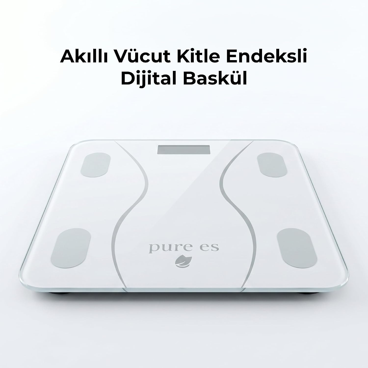 Beyaz arka planda dört metal sensörlü ve ekranlı beyaz akıllı dijital tartı.