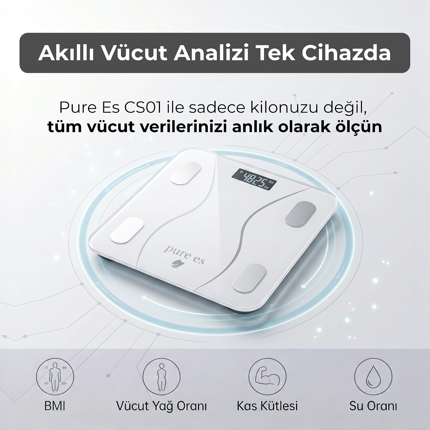 BMI, vücut yağı, kas ve su oranını gösteren ikonlar ve Türkçe metin içeren beyaz akıllı tartı.