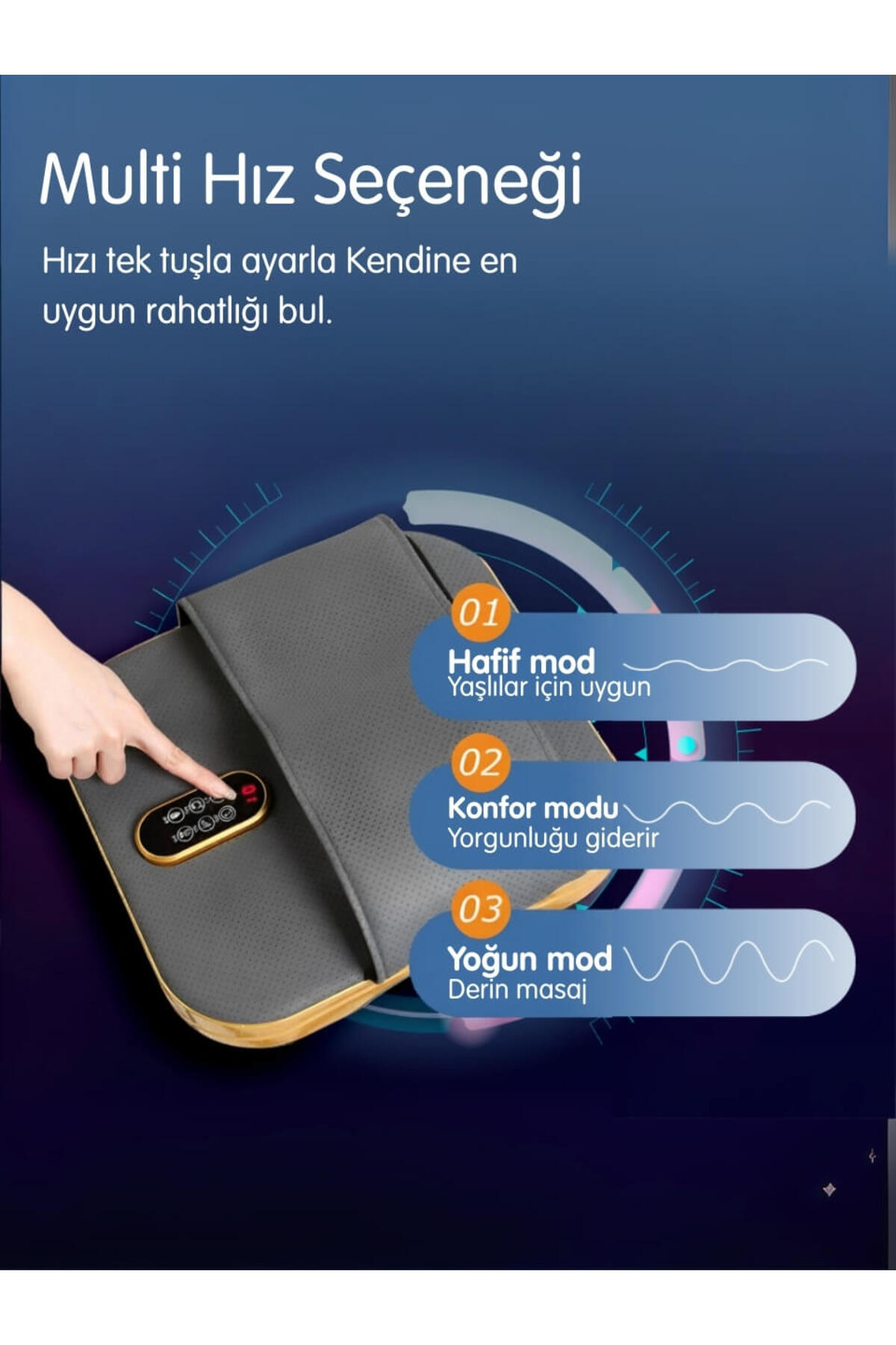 Gri ayak masaj aletinin kontrol paneline dokunan bir el.