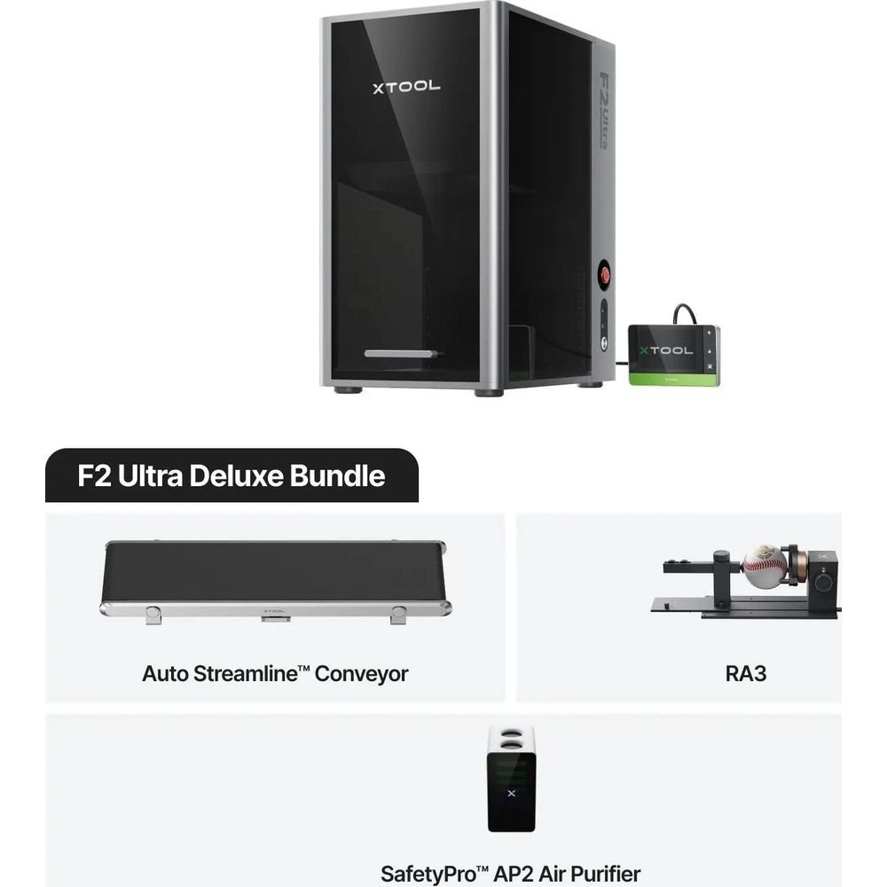 Bundle XTool F2 Ultra Deluxe con unità principale, nastro, RA3 e depuratore.