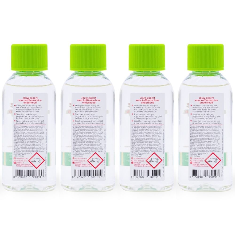 Four clear bottles with green caps and product labels stand in a row on a white background.
