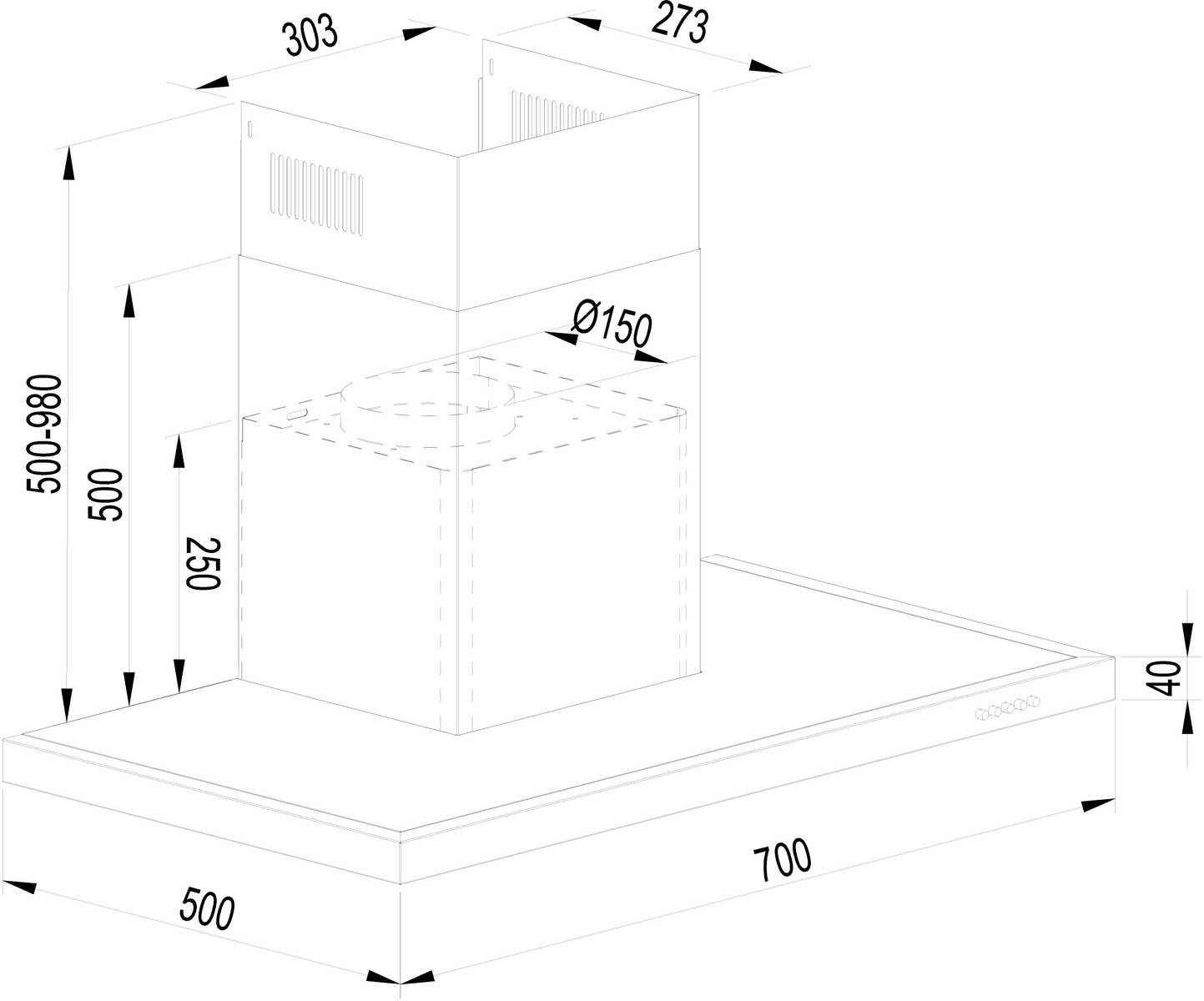 Dibujo técnico de una campana extractora con dimensiones en mm.