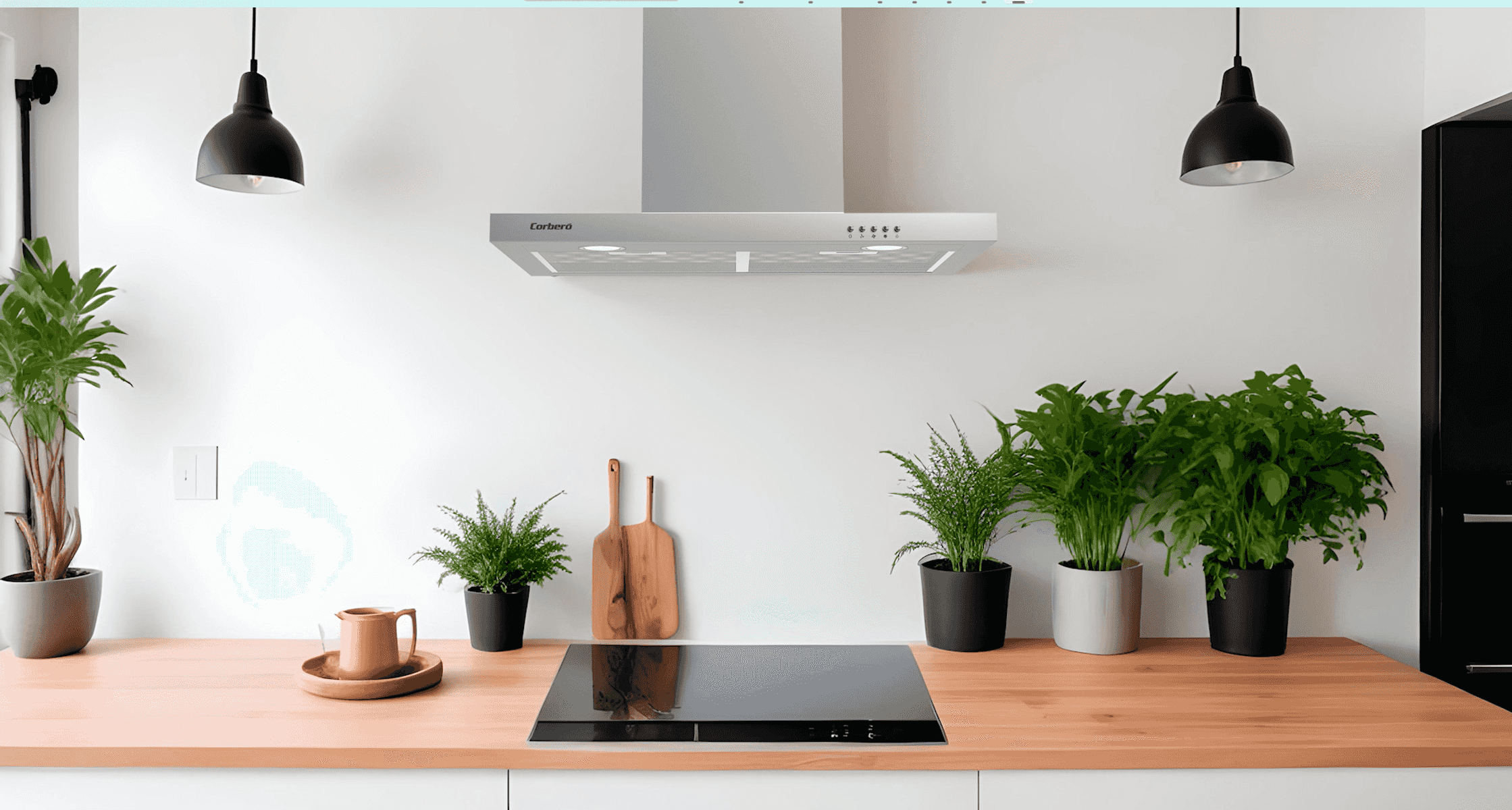 Cocina moderna con encimera de madera, placa negra, campana extractora, plantas en macetas y dos lámparas colgantes negras.
