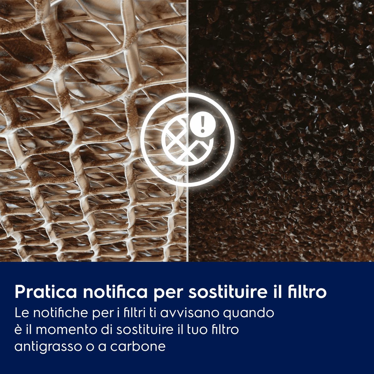 Pantalla dividida muestra un filtro de malla y material oscuro con icono de advertencia y texto en italiano.