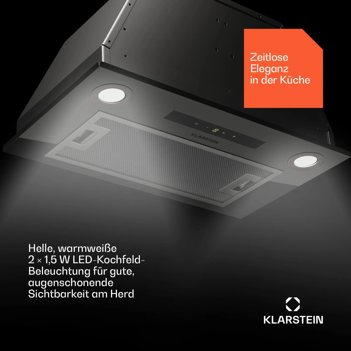 Campana extractora Klarstein negra con iluminación LED brillante y filtro de acero inoxidable.