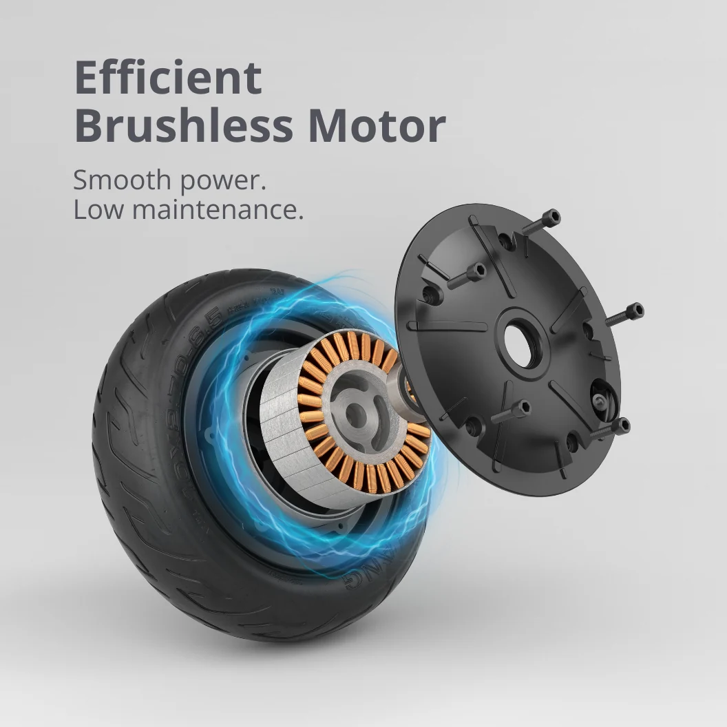 Vue éclatée d'un moteur sans balais efficace avec pneu et effets d'énergie bleus.