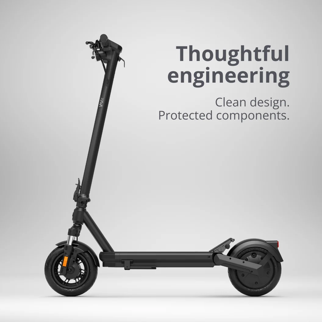 Une trottinette électrique noire sur fond gris avec le texte Thoughtful engineering à droite.