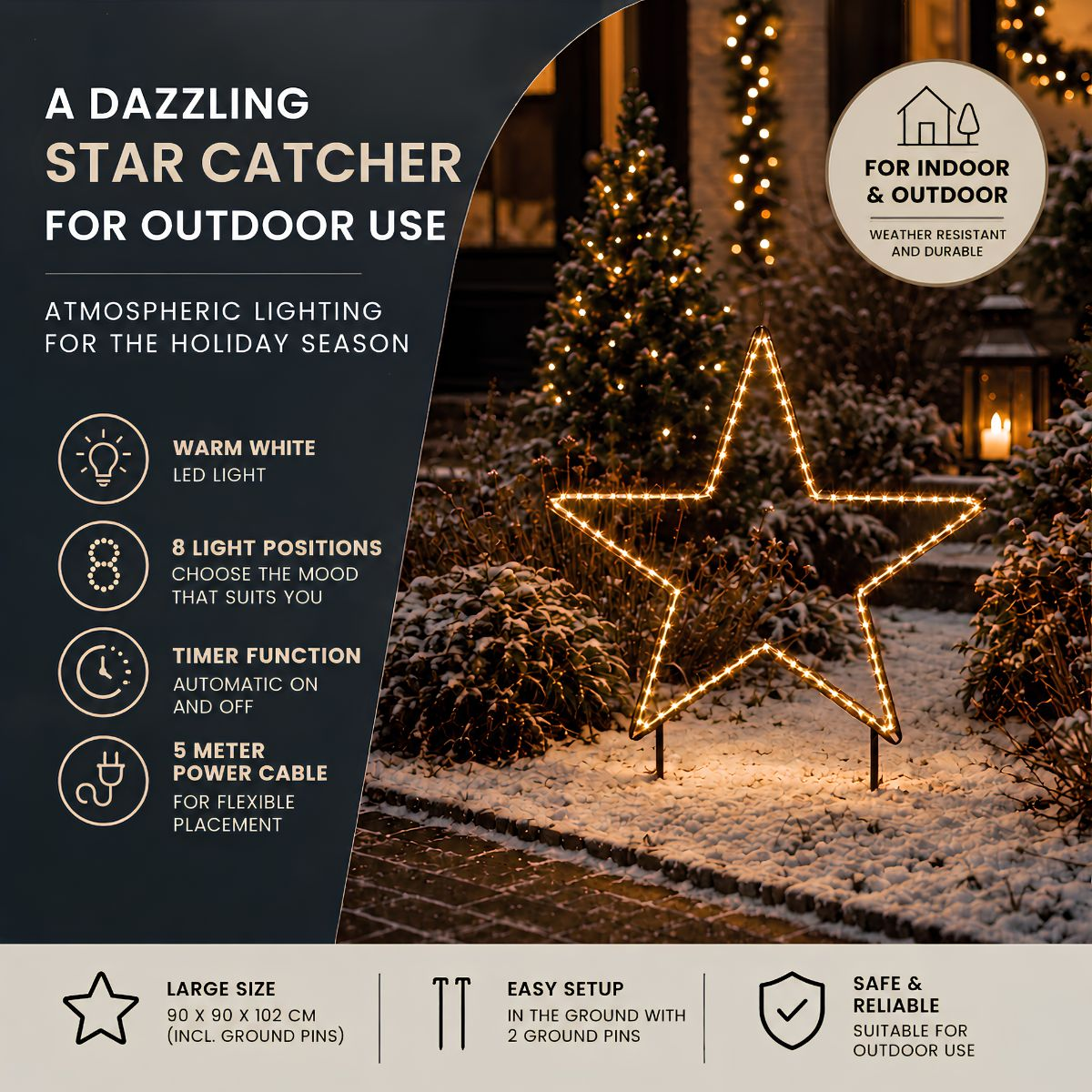 Décoration de Noël en étoile lumineuse dans la neige avec du texte sur les fonctionnalités et la taille.