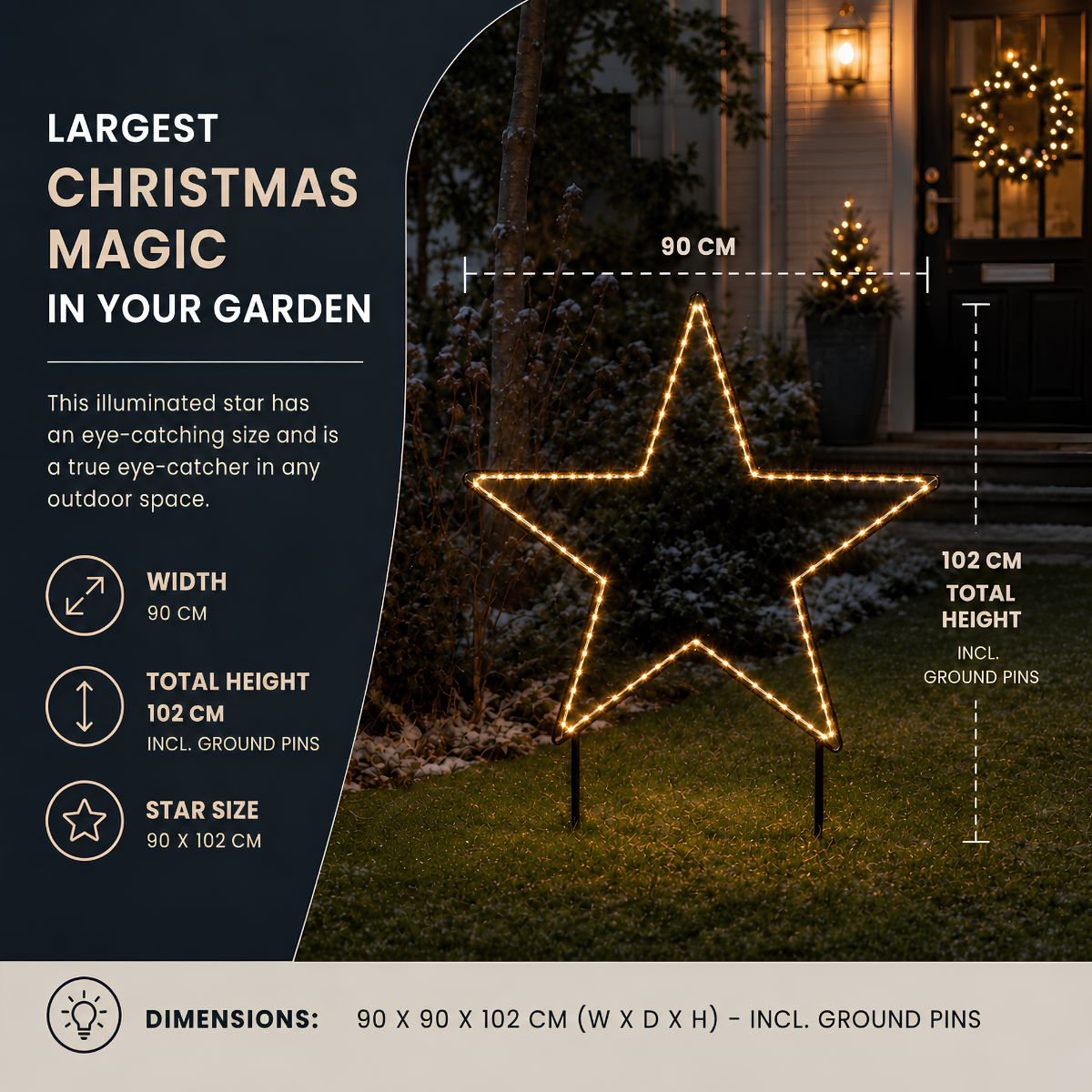 Étoile de Noël LED illuminée dans le jardin avec dimensions 90x102 cm.