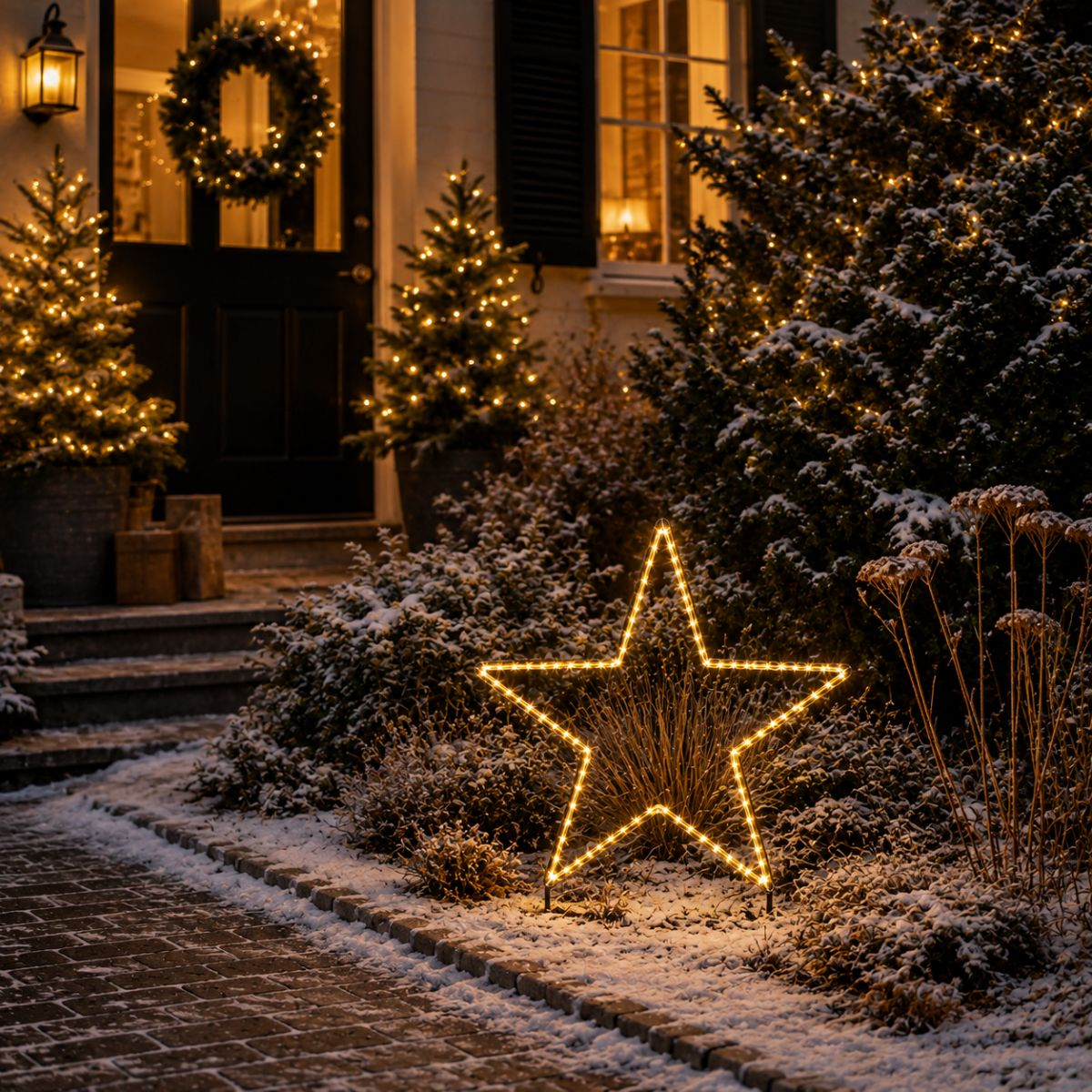 Étoile de Noël lumineuse dans un jardin enneigé devant une maison illuminée.