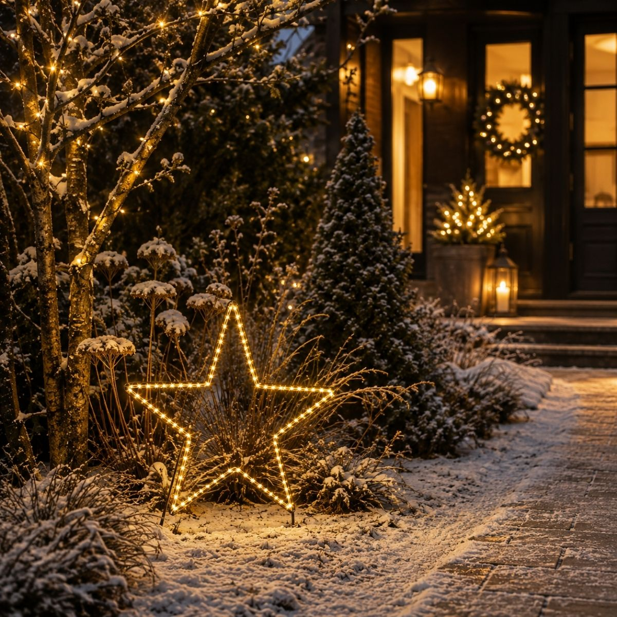 Jardin enneigé avec une étoile lumineuse et des guirlandes sur les arbres devant une maison illuminée.