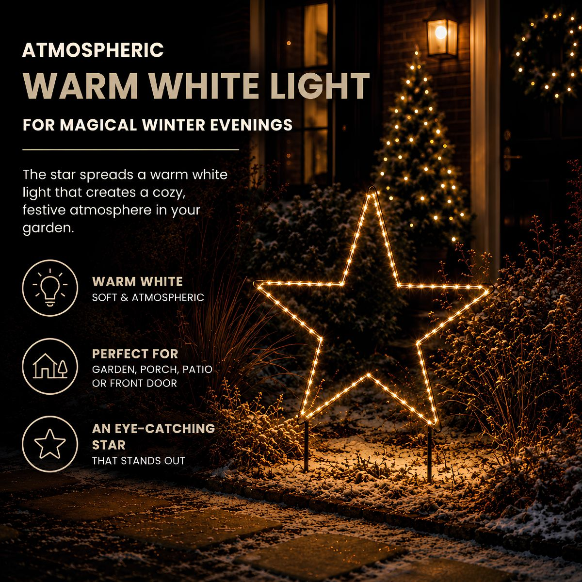 Une étoile lumineuse dans un jardin enneigé avec du texte et des icônes pour un éclairage de Noël blanc chaud.