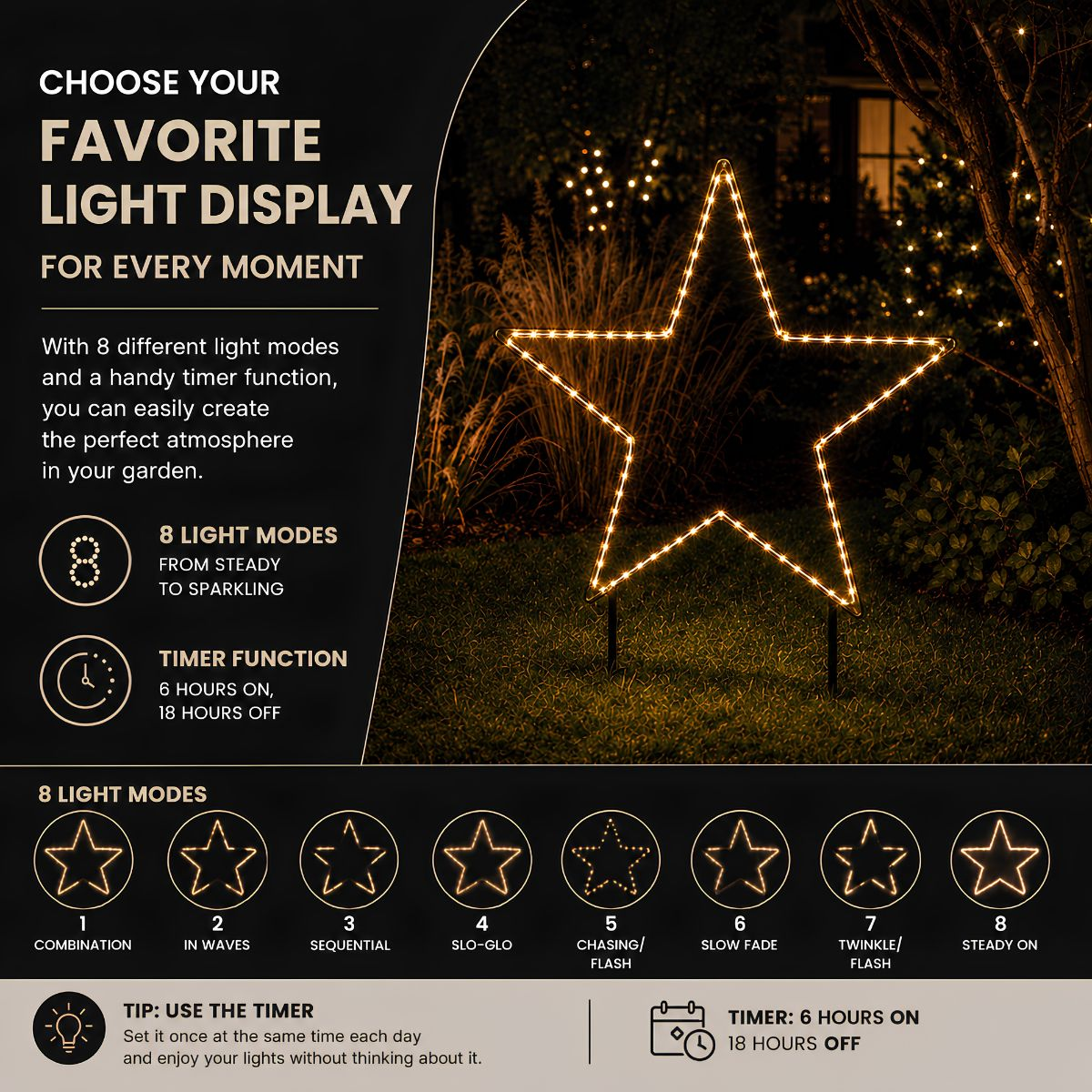 Lumière de jardin en forme d'étoile illuminée avec texte et huit modes d'éclairage sur fond noir.
