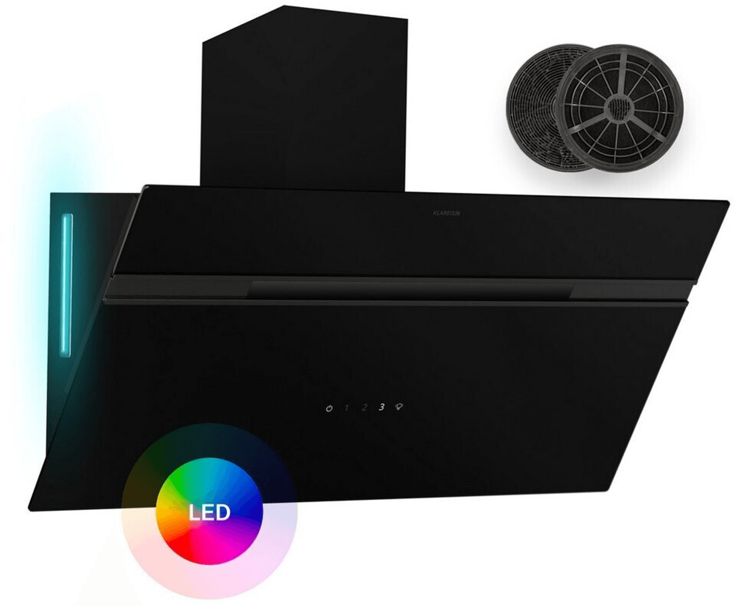 Cappa aspirante nera con illuminazione a LED e due filtri.