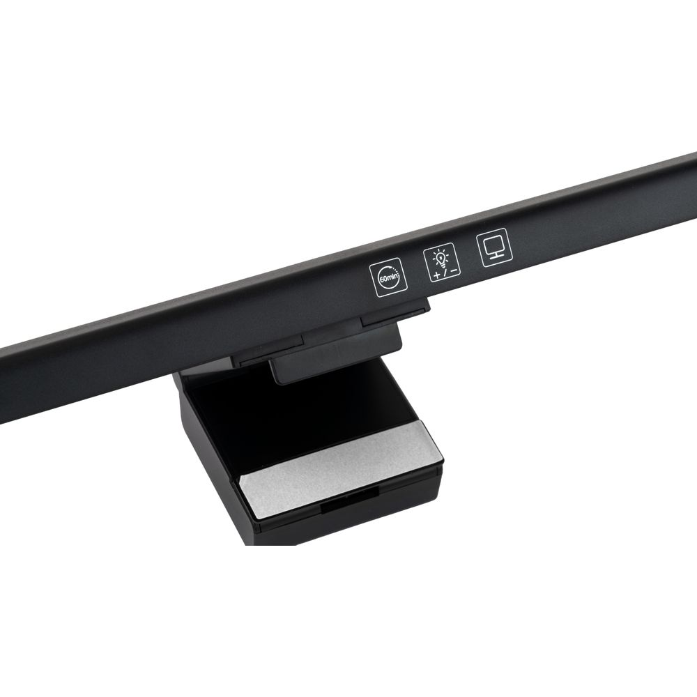 Schwarze Monitor-Lichtleiste mit Touch-Bedientasten und Montagehalterung.