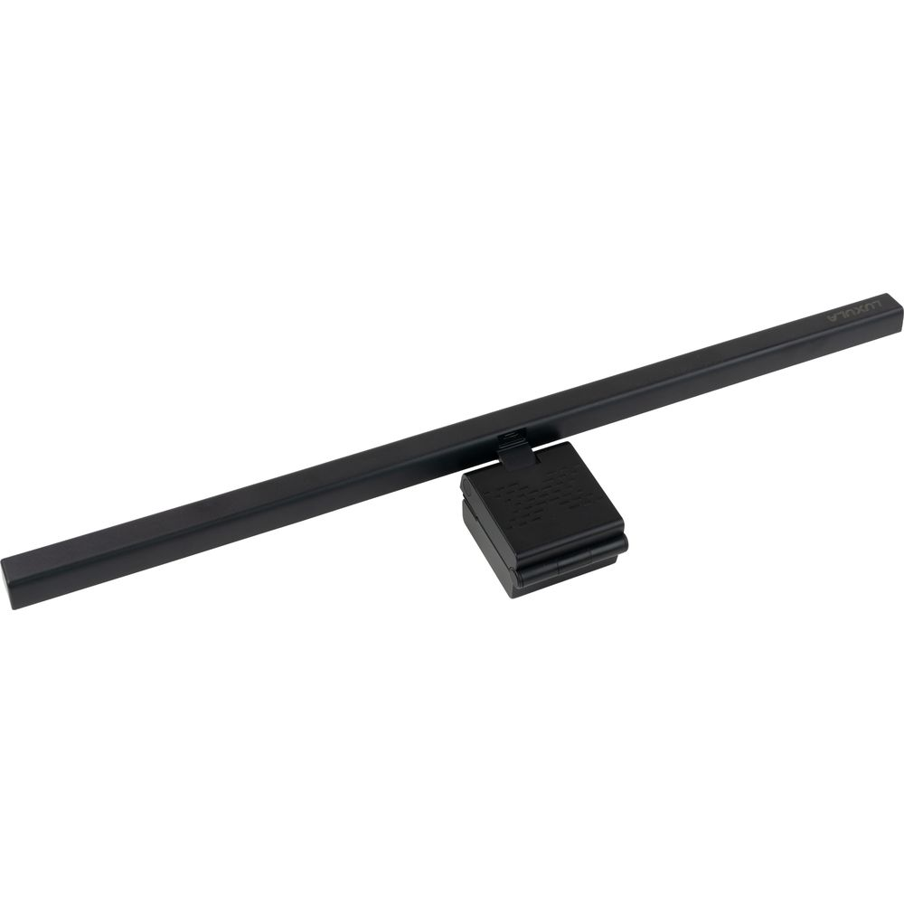 Eine lange schwarze LED-Monitorlampe mit einer schweren Basis steht auf einem weißen Hintergrund.