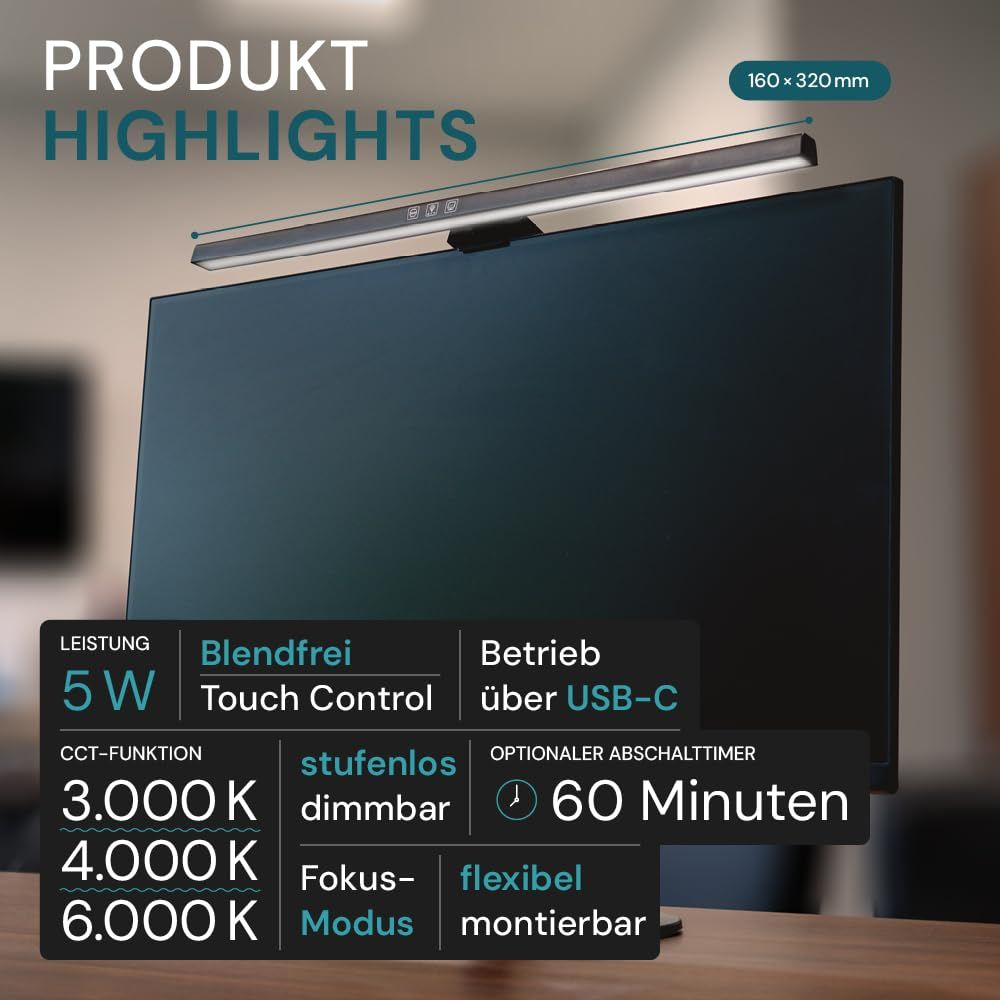 Produkt-Highlights einer Monitorlampe mit technischen Daten wie 5W Leistung, Touch-Control und USB-C-Betrieb.