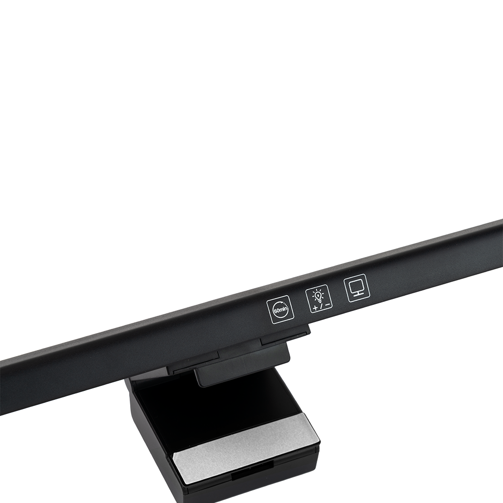 Eine schwarze Bildschirm-Lichtleiste mit Touch-Bedienknöpfen und Standfuß auf weißem Hintergrund.