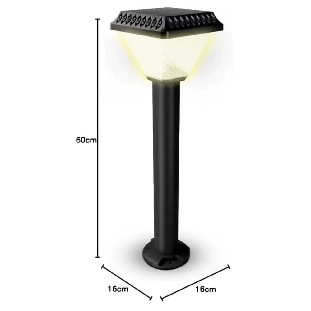 60 cm yükseklik ve 16 cm genişlikte, aydınlatmalı üst kısımlı siyah güneş enerjili lamba.