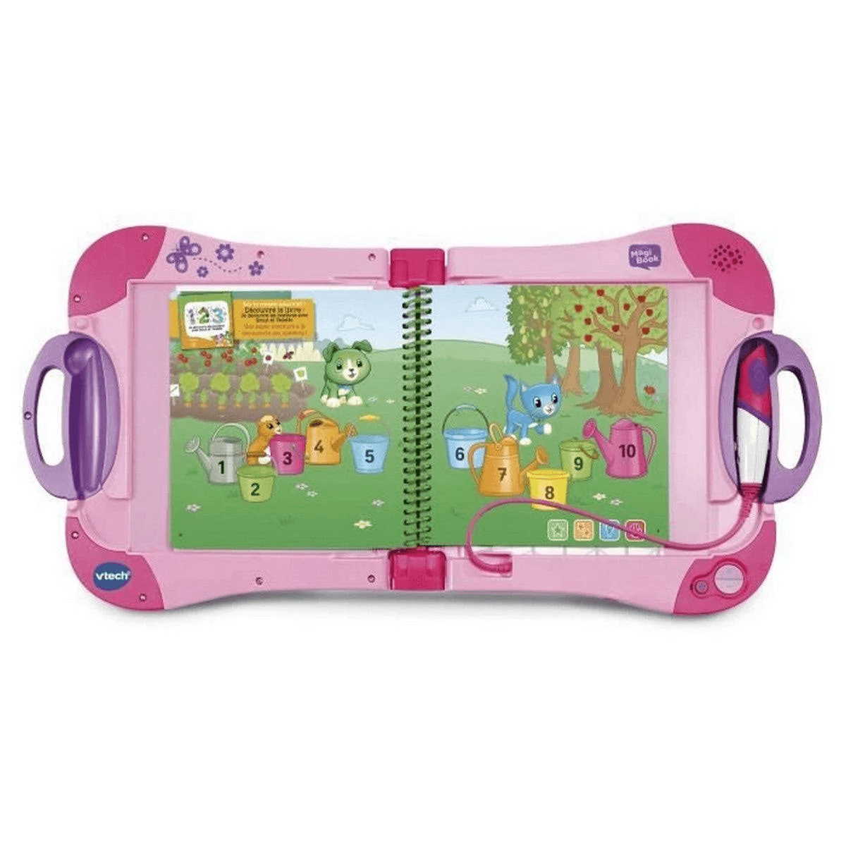 Libro de aprendizaje VTech rosa con lápiz interactivo, ilustrado con números, animales y cubos.