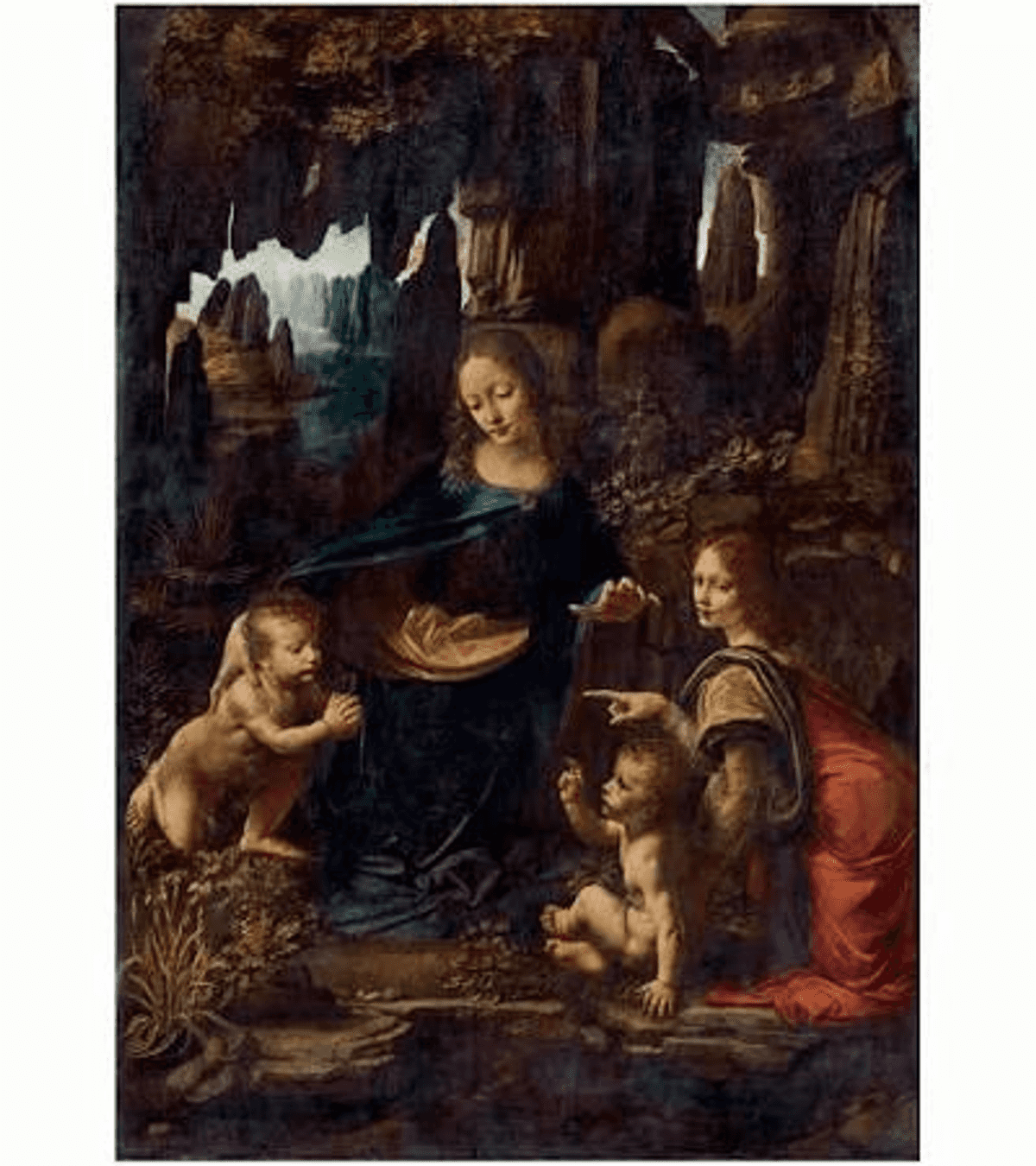 Pintura de la Virgen María, el Niño Jesús, Juan el Bautista y un ángel en una cueva.