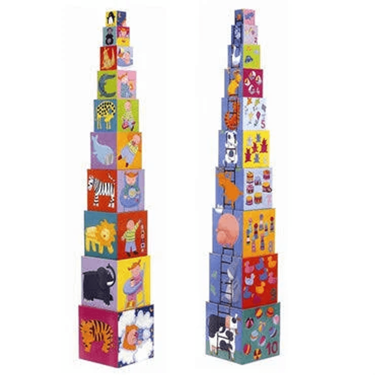 Dos altas torres hechas de bloques de cartón coloridos y estampados con animales y patrones.