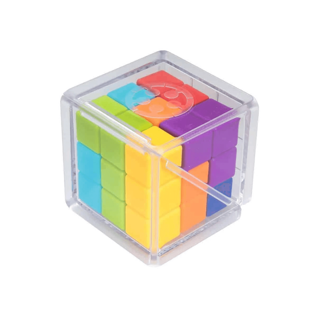Un colorido rompecabezas 3D hecho de bloques de colores dentro de un cubo de plástico transparente.