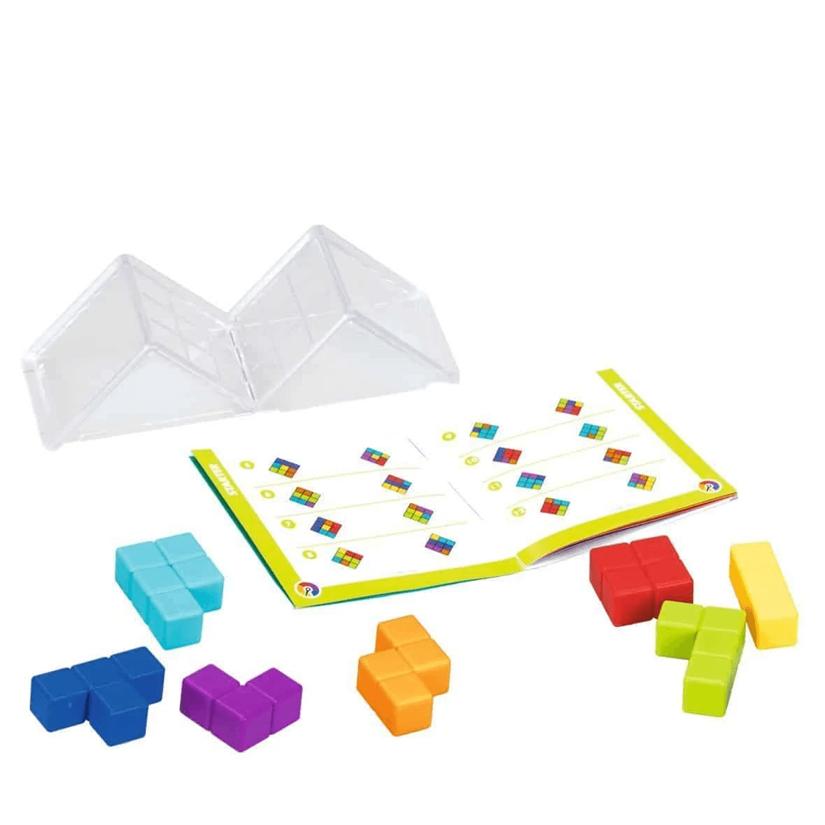 Un juego de rompecabezas con bloques de colores, un cuaderno de desafíos y una cubierta transparente.