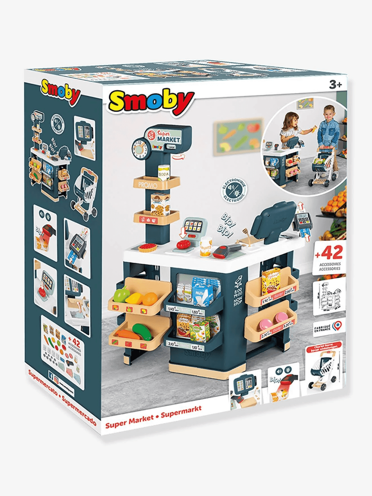 Caja de un supermercado de juguete Smoby con caja registradora, estantes, alimentos de juguete y carrito.