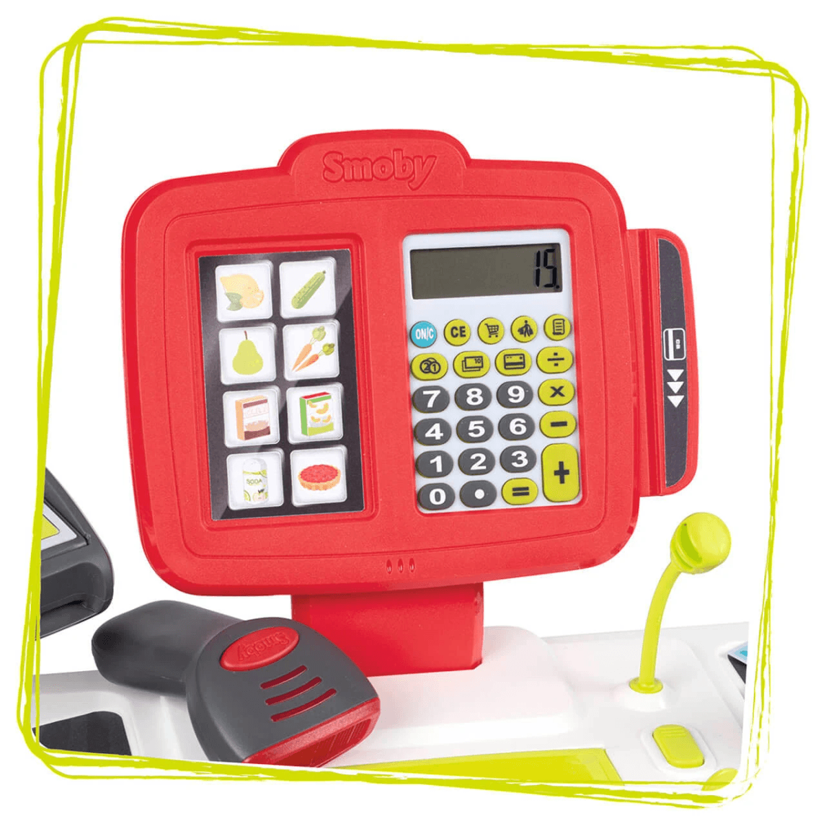 Caja registradora de juguete Smoby roja con pantalla digital, teclado e iconos de comida sobre fondo blanco.