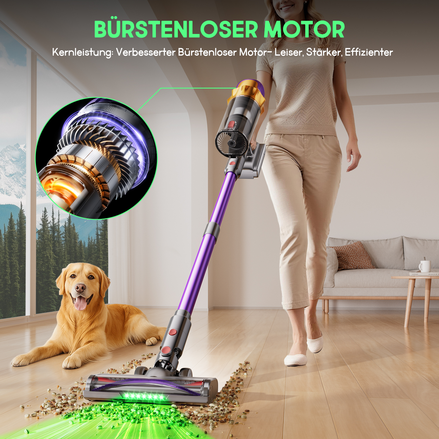 Frau saugt Holzfussboden, waehrend golden Retriever zusieht.