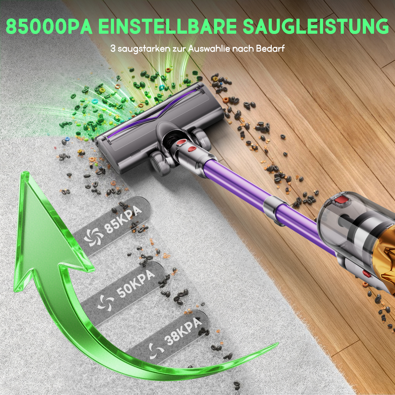 Ein lila Staubsauger reinigt Kaffeebohnen von Teppich und Holzoden und zeigt Saugstufen.