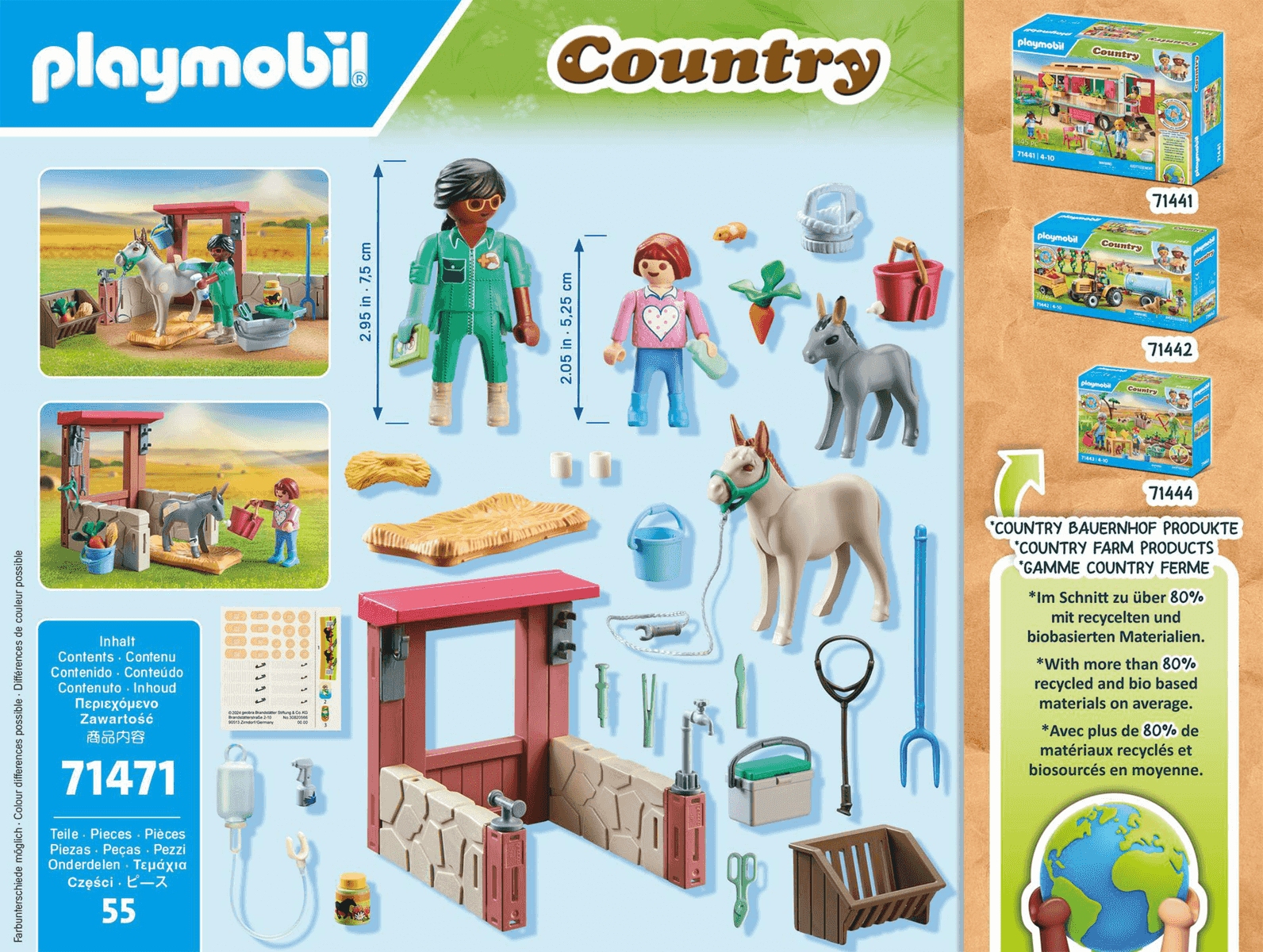 Set Playmobil Country 71471 con figuras, animales, un establo y varios accesorios sobre fondo azul y amarillo.