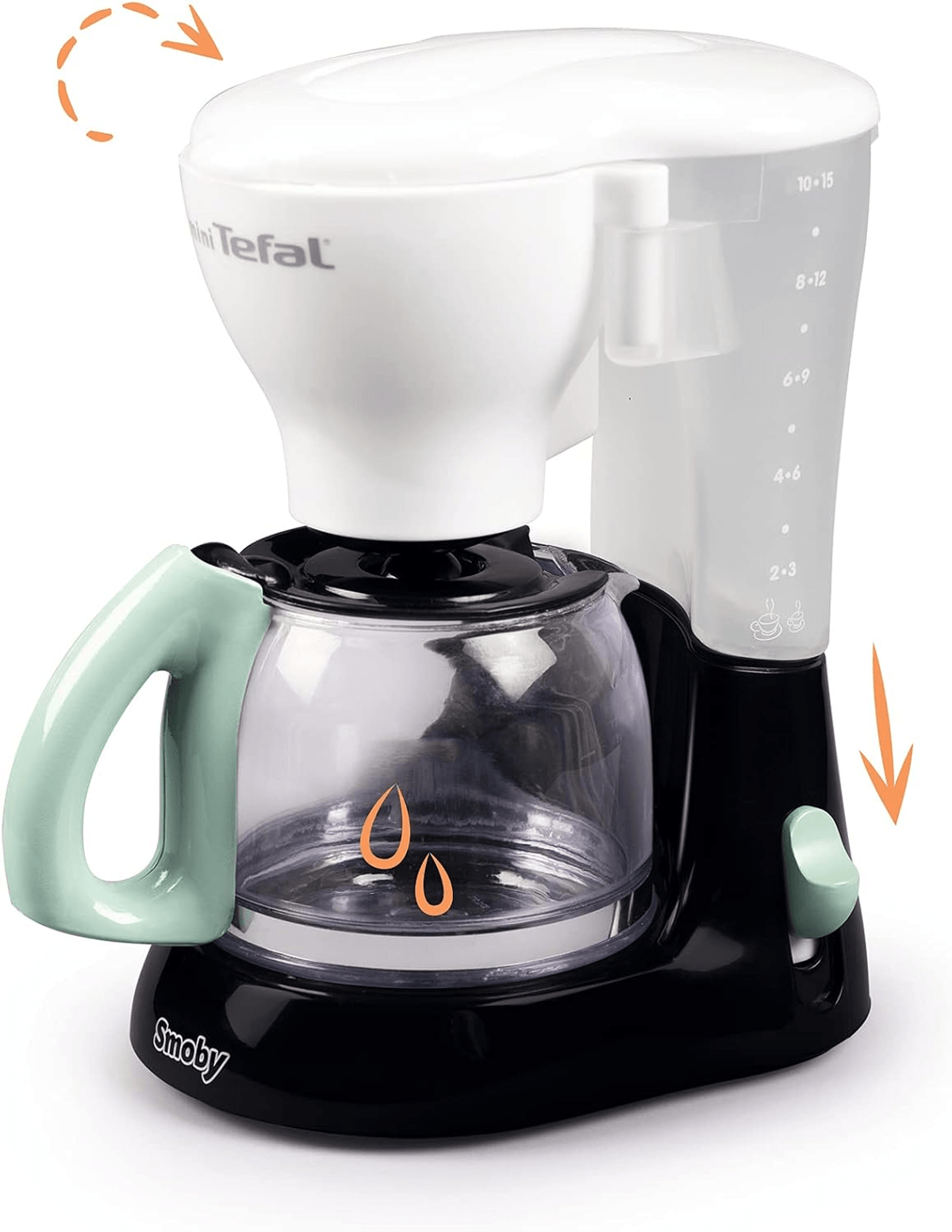 Una cafetera infantil blanca y negra de Smoby con asa y depósito de agua verde menta.