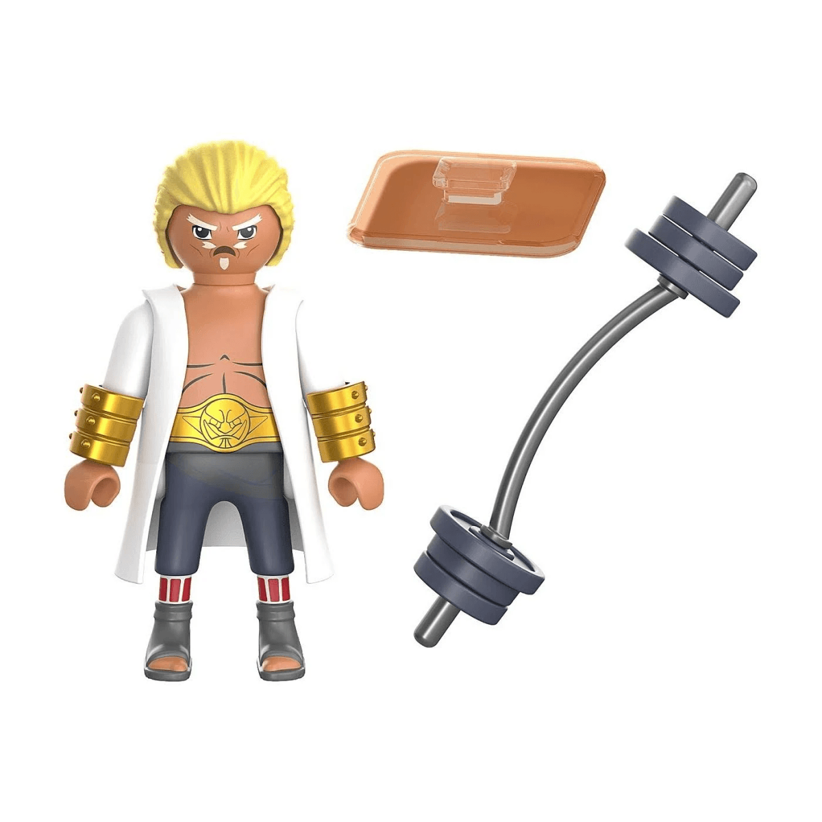Figura de Playmobil de un luchador rubio con capa blanca, barra de pesas y escudo sobre fondo blanco.