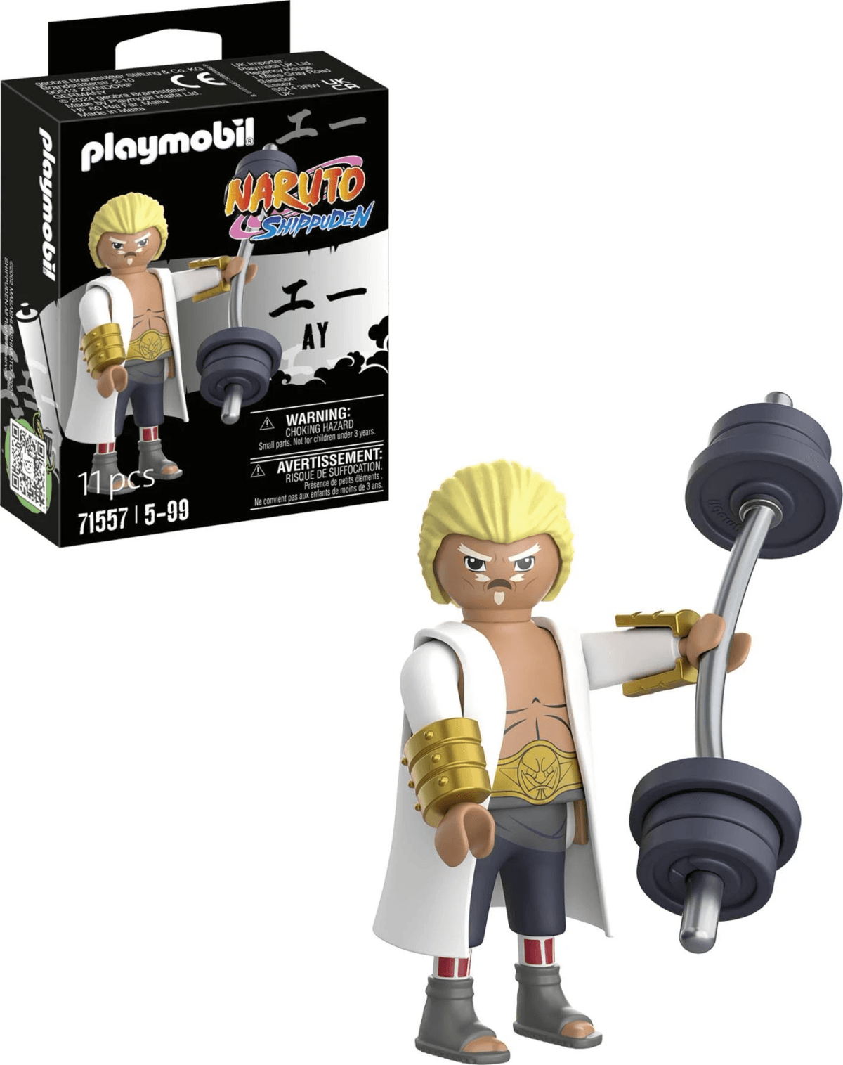 Figura de Playmobil Naruto 'Ay' con una pesa y su caja.