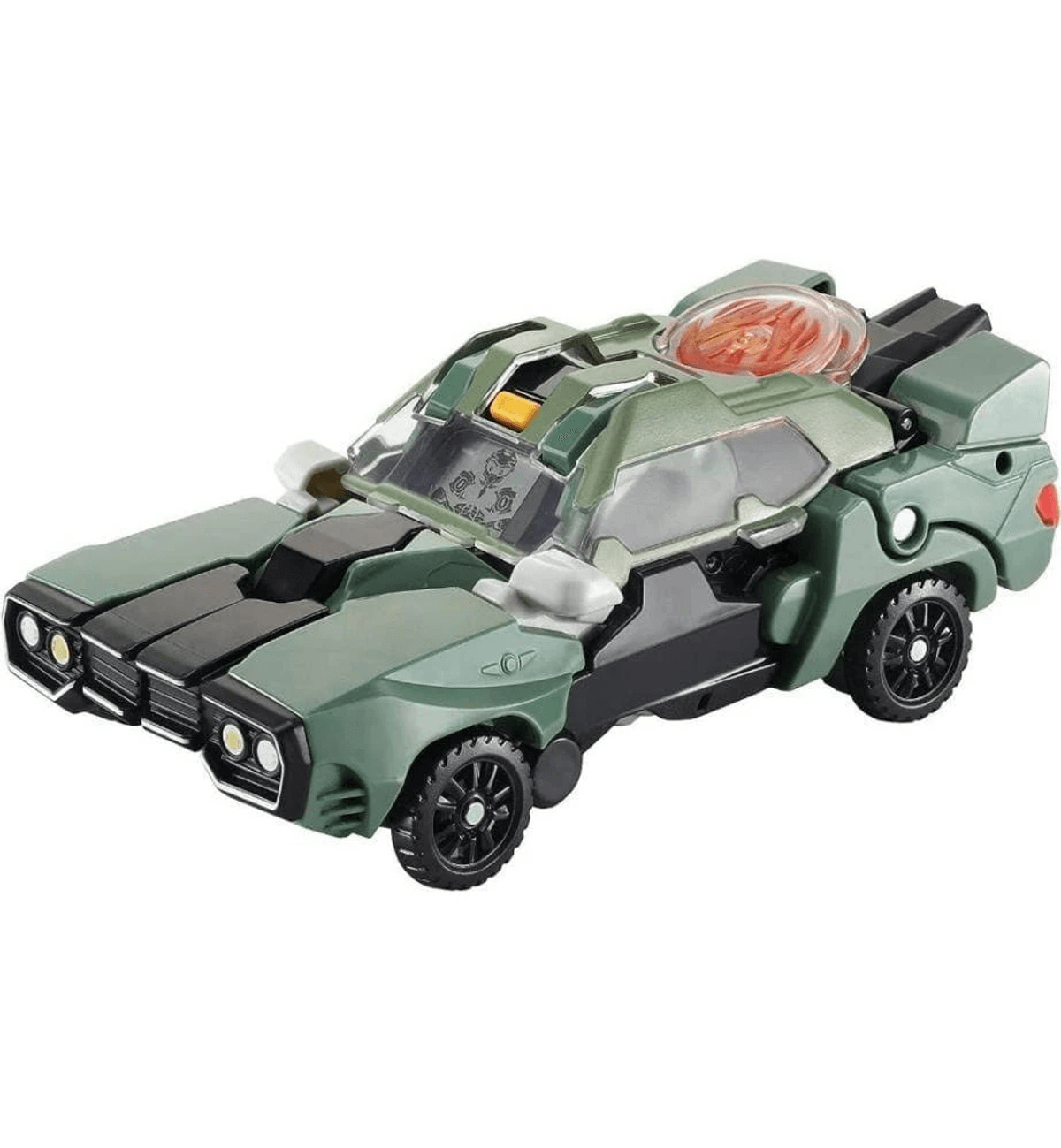 Un auto de juguete verde futurista con ruedas negras y techo transparente sobre fondo blanco.