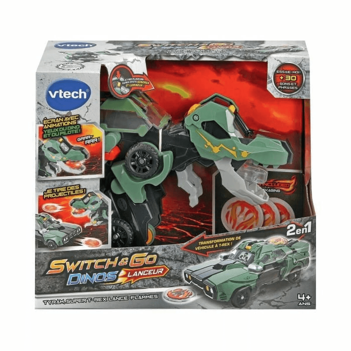 Caja de juguete VTech Switch & Go Dinos con un T-Rex verde que se transforma en coche.