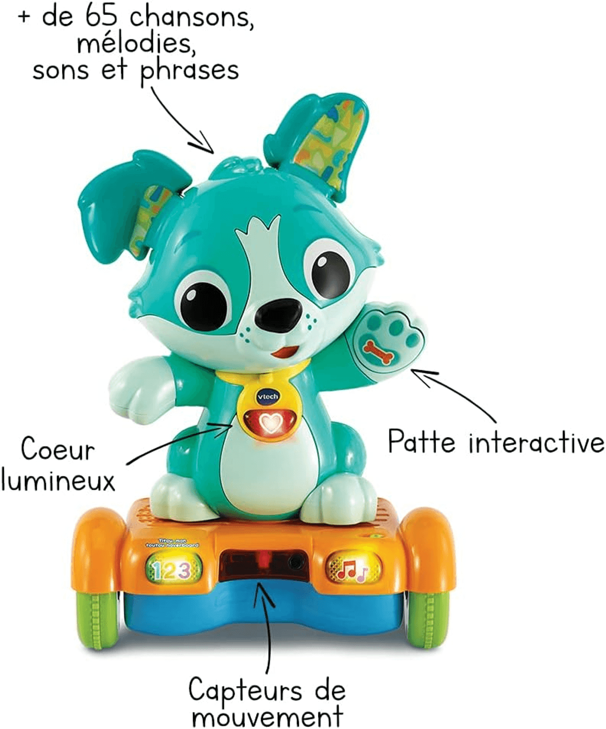 Juguete de cachorro interactivo turquesa en un hoverboard naranja con etiquetas en francés.