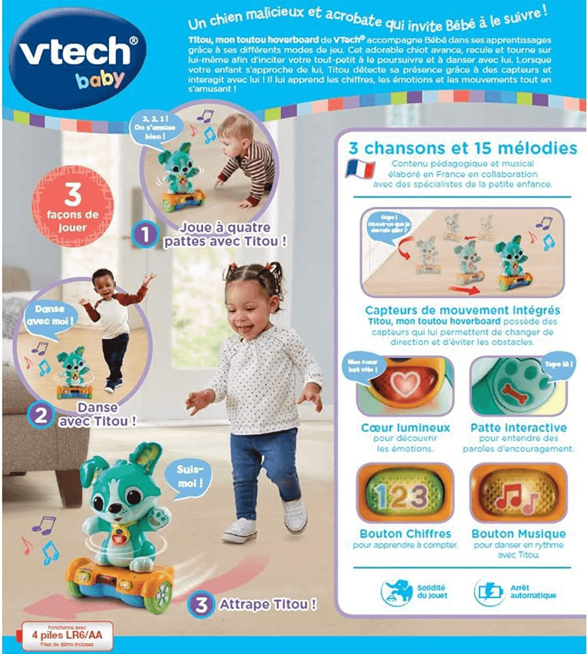 Anuncio de VTech Baby con un perro robot interactivo en un aerodeslizador y niños jugando.