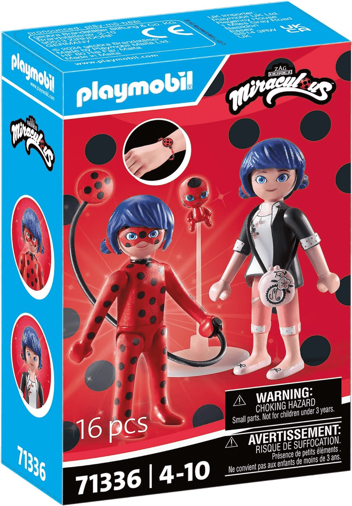 Caja del set Playmobil Miraculous Ladybug con figuras, accesorios y advertencias.