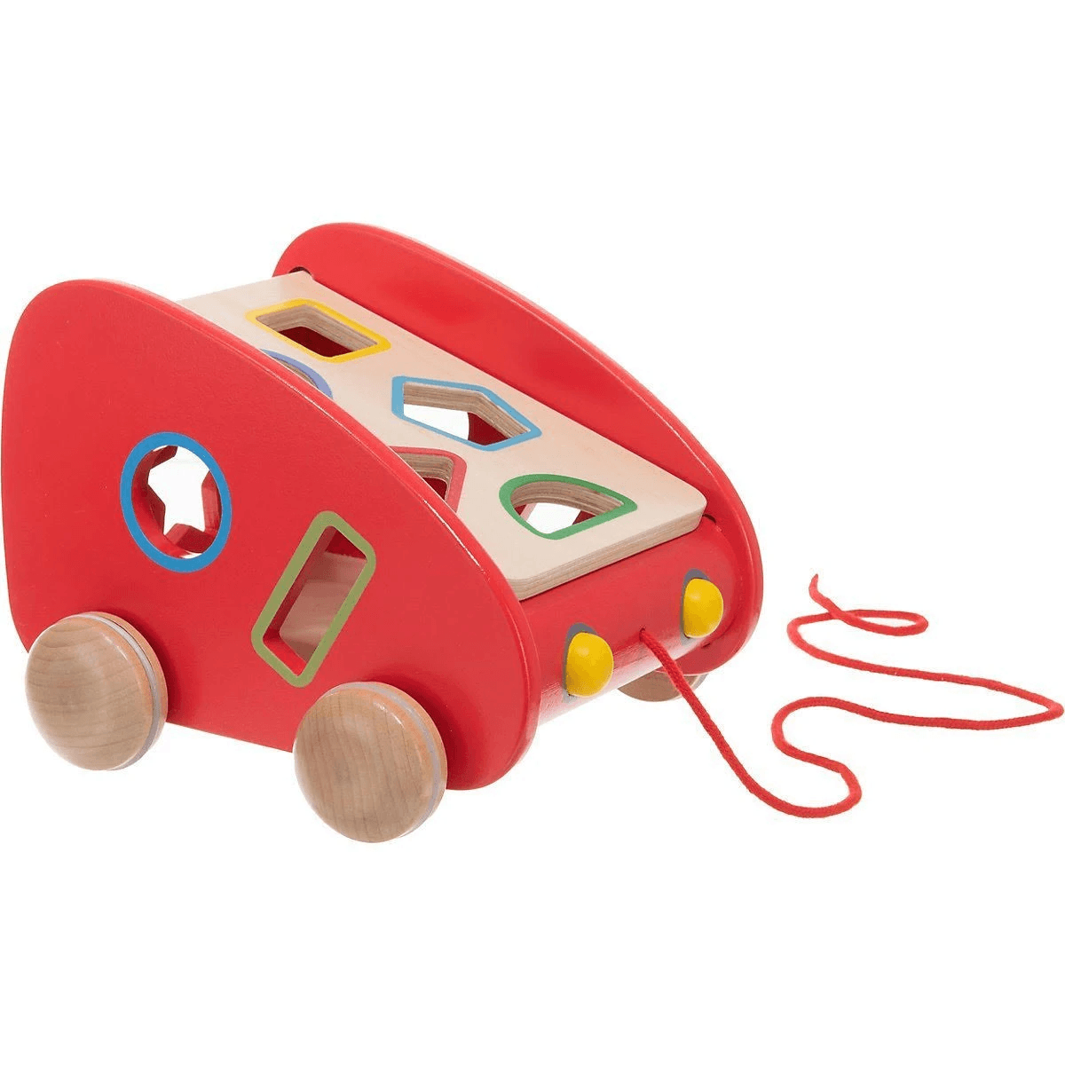 Un carrito de juguete de madera rojo con ruedas y agujeros para clasificar formas, con un cordón rojo.