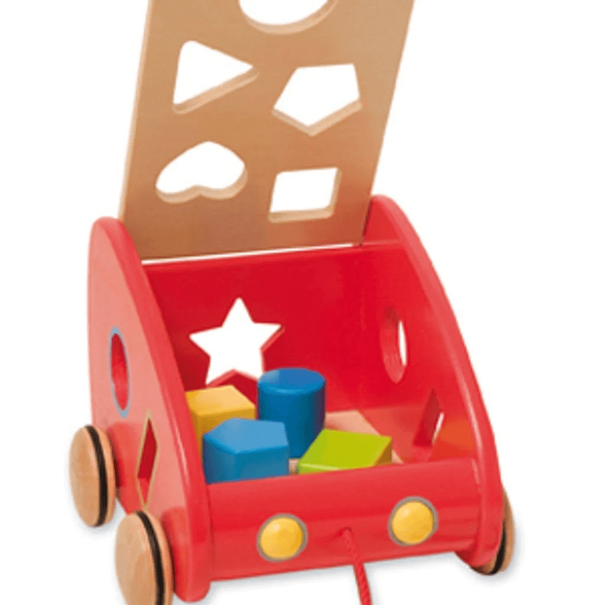 Un carrito de juguete de madera rojo con ruedas y bloques de colores dentro.